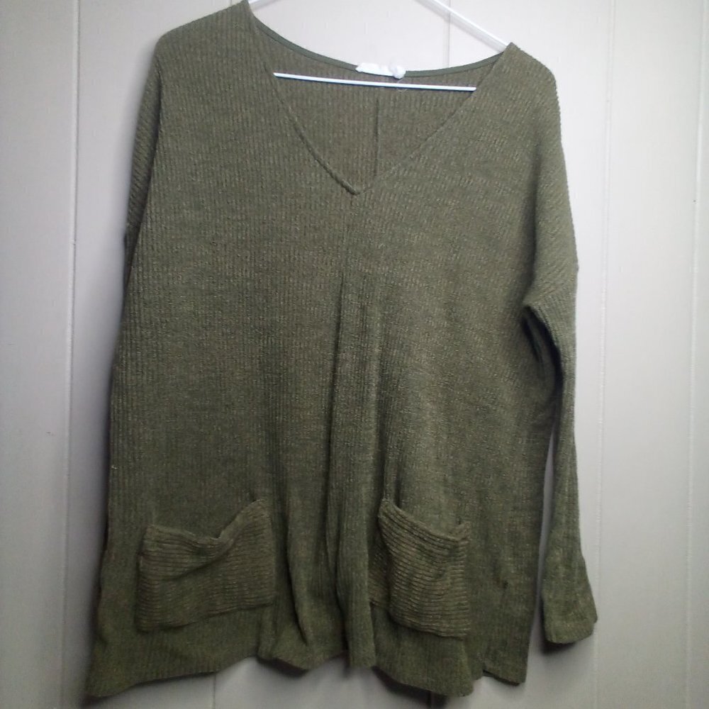 Miss Love Pullover Sweater S Long Sleeve Pockets Textured Green